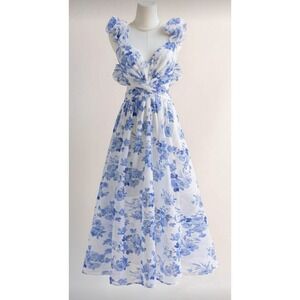 Shein Blue Floral Toile Chiffon Maxi Dress Ruffle Lace Up Back Cottagecore